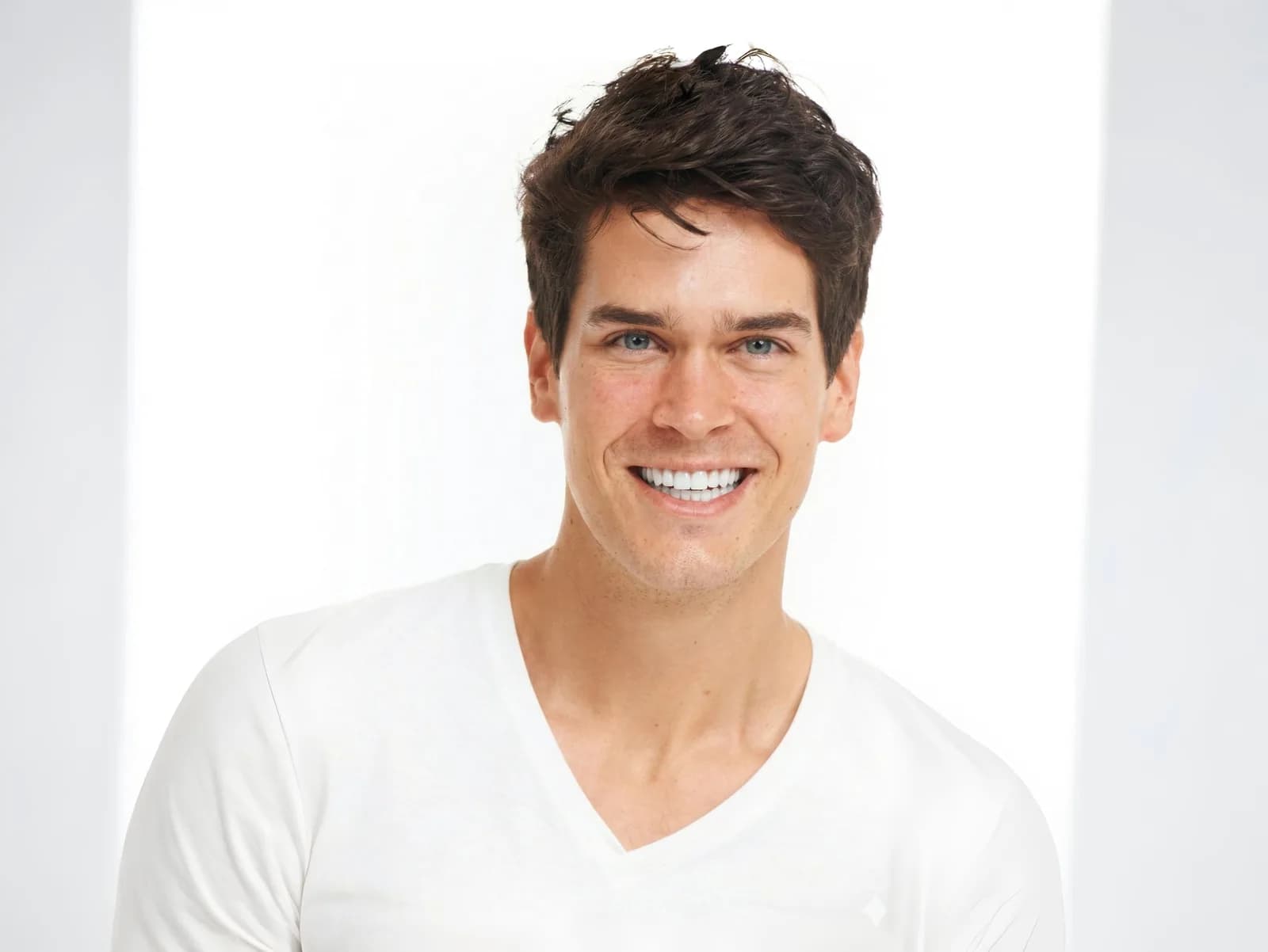 Smiling man with a restored, healthy smile after crown and bridge work