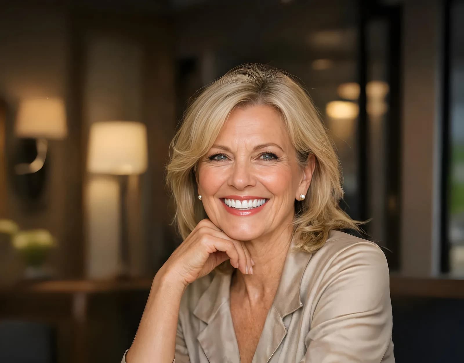 Smiling woman enjoying her restored, natural-looking smile after dental implants