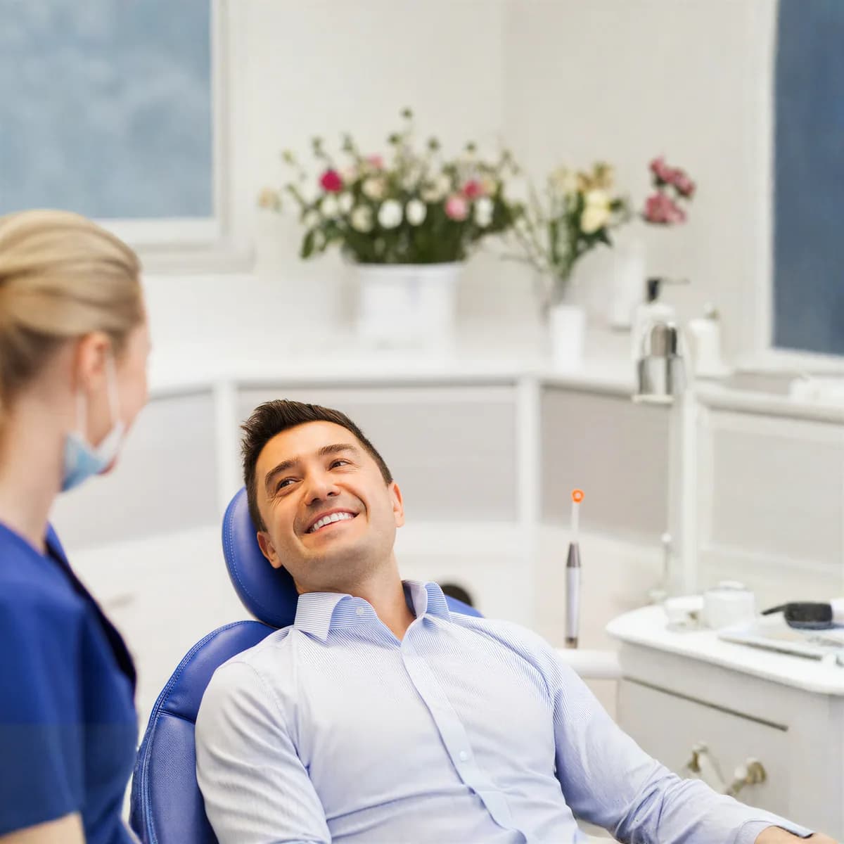Smiling patient in the dental chair talking with a hygienist